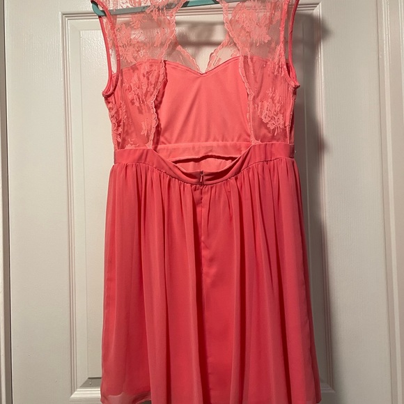 Beautiful Coral Lacey Dress with Pearl/Crystal belt | Elise Ryan - Picture 2 of 3